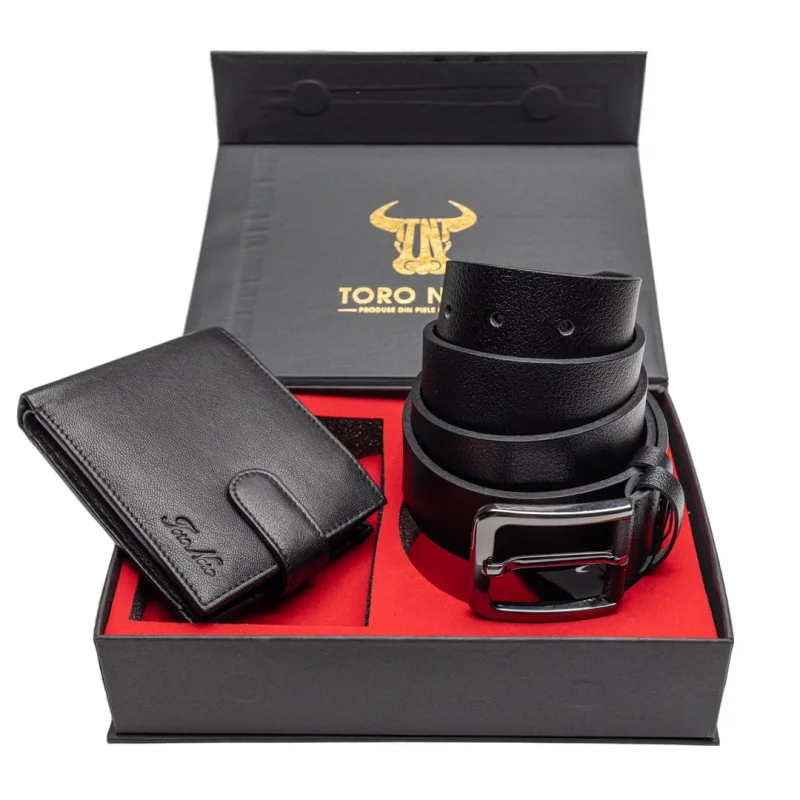 Set cadou portofel + curea din piele pentru barbati Vox-Night - 135 cm