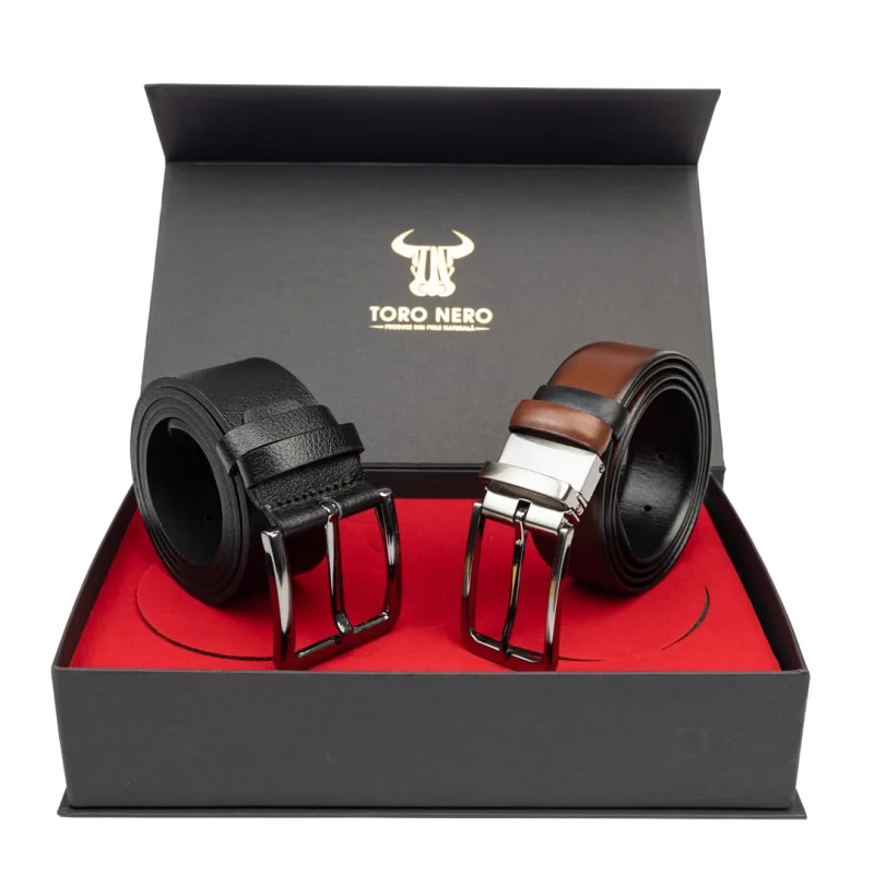 Set cadou barbati din piele naturala curea casual+curea eleganta negru-maro Verso-Modern Night - 135 cm