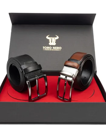 Set cadou barbati din piele naturala curea casual+curea eleganta negru-maro Verso-Modern Night - 135 cm