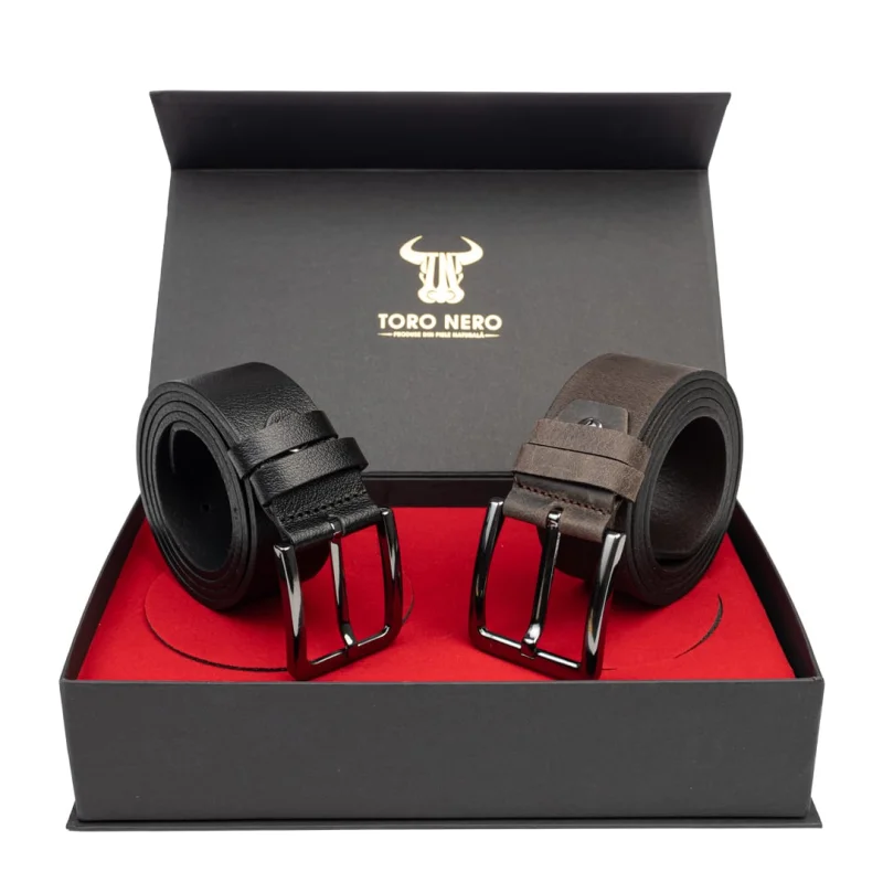 Set cadou barbati din piele naturala curea casual+curea eleganta negru-maro Night-Industrial - 135 cm