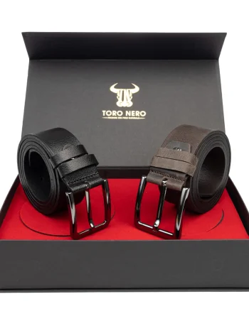 Set cadou barbati din piele naturala curea casual+curea eleganta negru-maro Night-Industrial - 135 cm