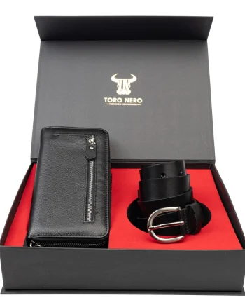 Set cadou portofel + curea din piele pentru femei negru Arya-Middle - 135 cm