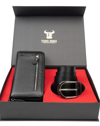 Set cadou portofel + curea din piele pentru femei negru Arya-Thick - 135 cm