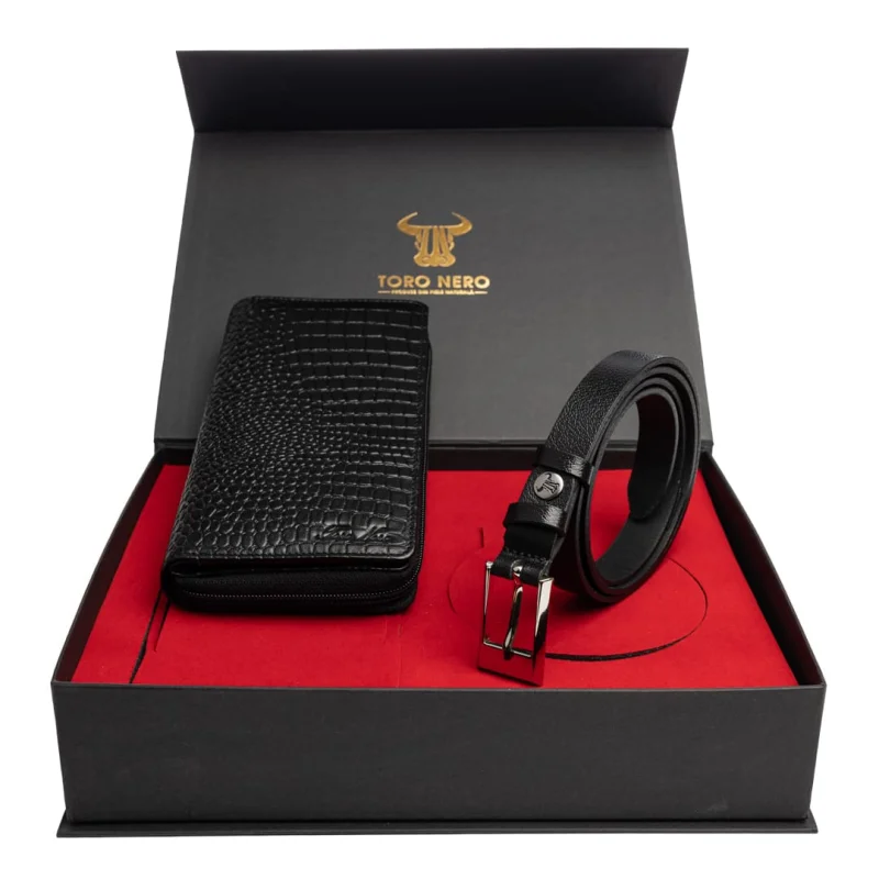 Set cadou portofel + curea din piele pentru femei negru Gia-Slim - 135 cm