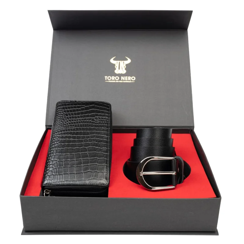 Set cadou portofel + curea din piele pentru femei negru Gia-Thick - 135 cm