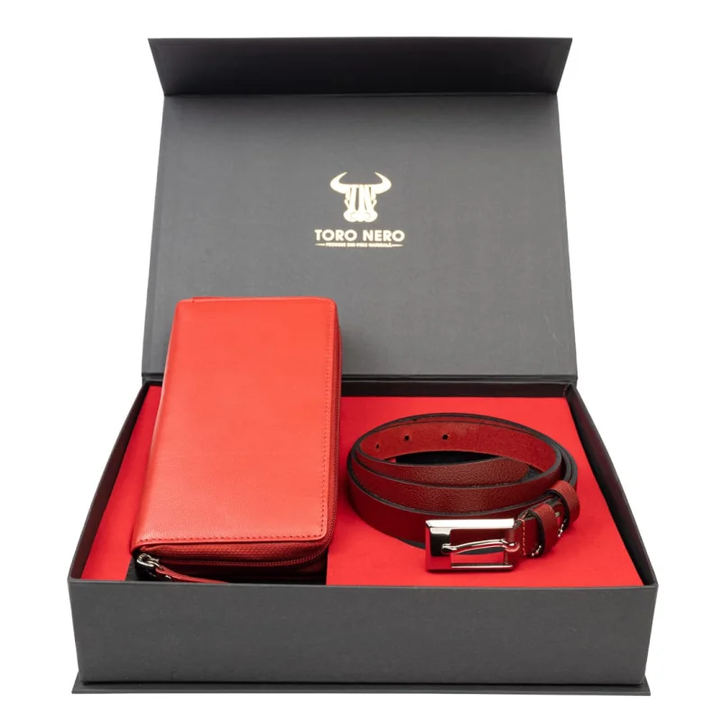 Set cadou portofel + curea din piele pentru femei rosu Gina-Slim - 135 cm