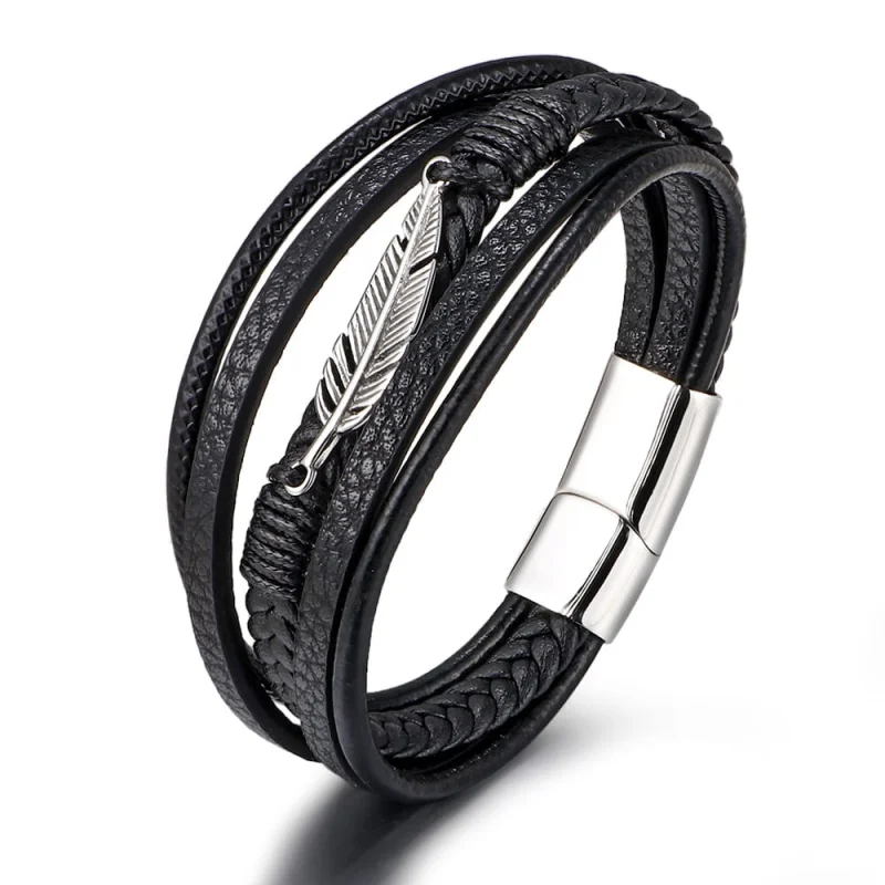 Bratara barbati din piele naturala argintiu Frunza