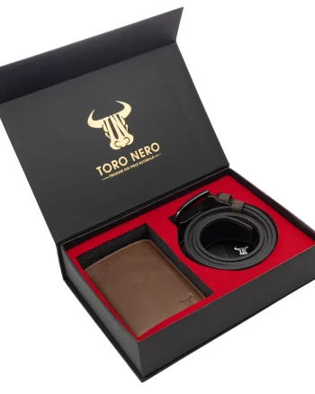 Set cadou portofel + curea din piele pentru barbati maro Ayan - 135 cm