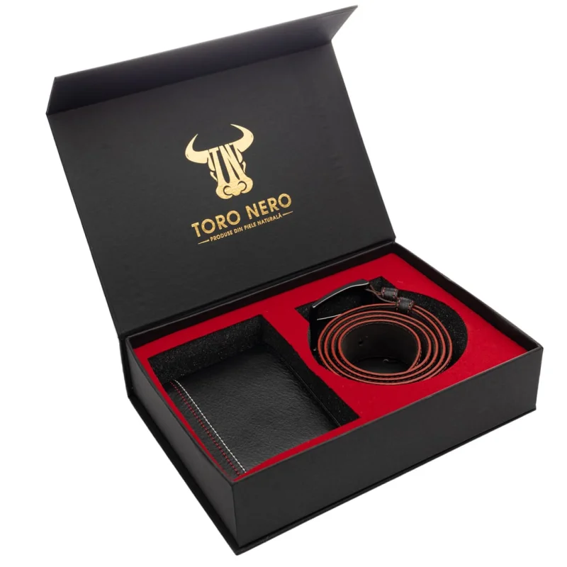 Set cadou portofel + curea din piele pentru barbati negru Red Line - 130 cm