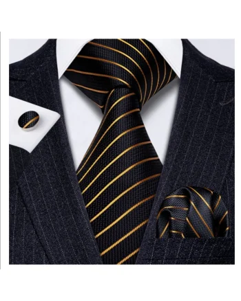 Set cravata neagra cu auriu + batista + butoni - matase - model 78