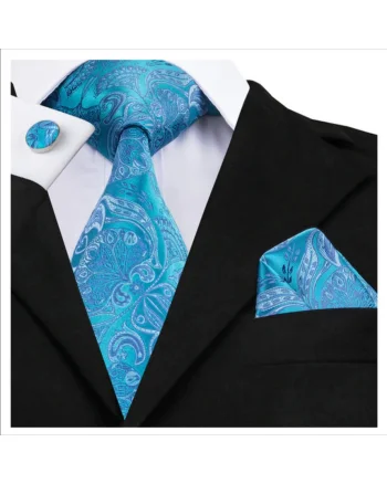 Set cravata albastra + batista + butoni - matase - model 71
