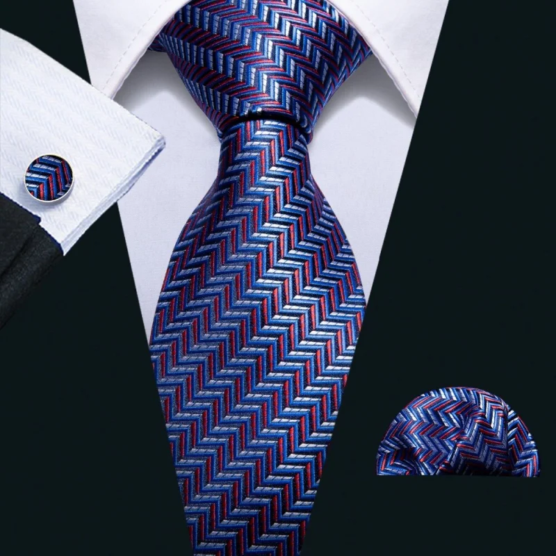 Set cravata albastra / multicolora + batista + butoni - matase - model 279