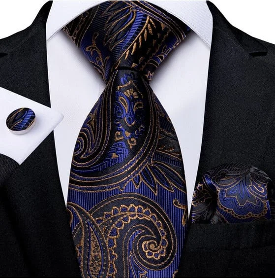 Set cravata albastra bleumarin cu auriu + batista + butoni - matase - model 374