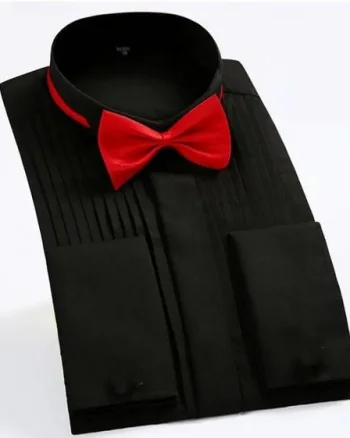 Camasa eleganta neagra, cu 2 papioane (rosu si negru) si butoni, marime 43