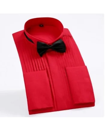 Camasa eleganta rosie, cu 2 papioane (rosu si negru) si butoni, marime 42
