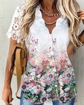 Bluza cu flori si broderie, de dama, maneca scurta, model 68, marime L