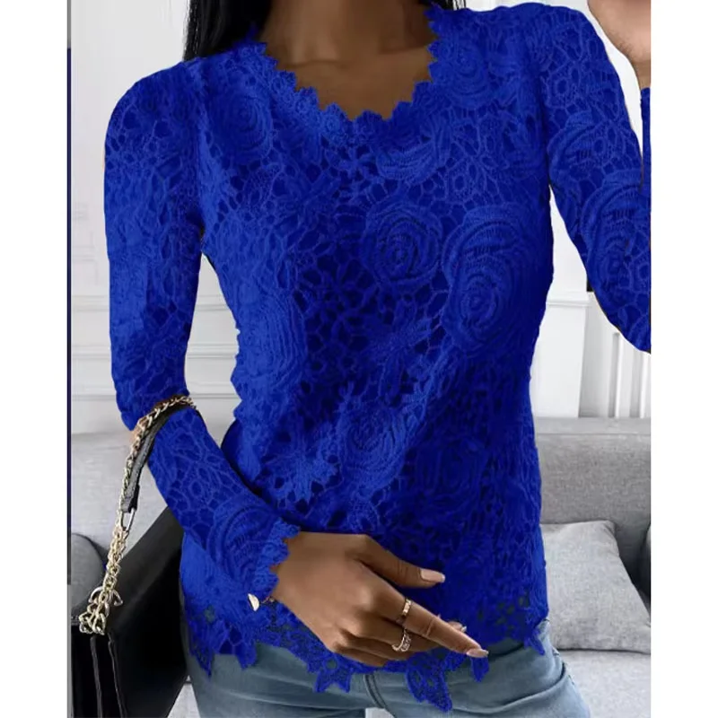 Bluza eleganta albastra de dama, maneca lunga, cu dantela, model 132