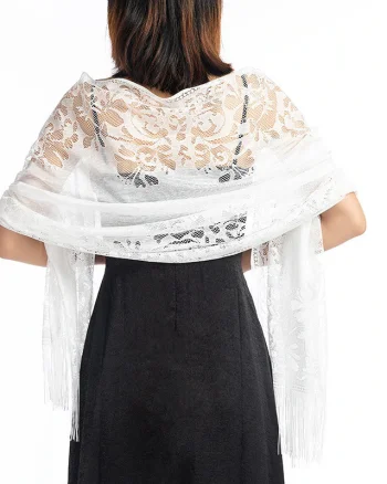 Esarfa / sal din dantela, dimensiune mare 185 x 63 cm, cu broderie, alb