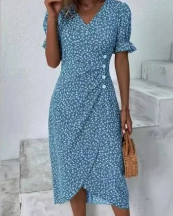 Rochie dama, model floral, albastru cu alb, Sorana