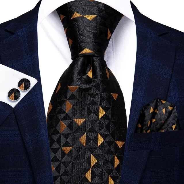 Set cravata neagra cu auriu + batista + butoni - matase -- model 795