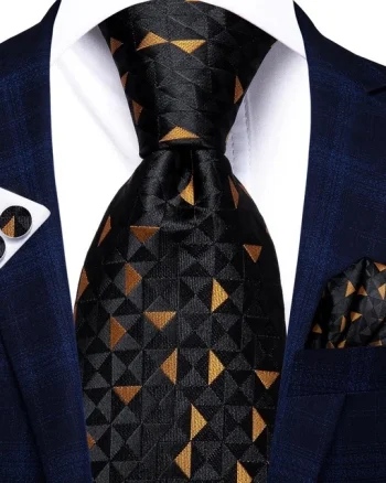 Set cravata neagra cu auriu + batista + butoni - matase -- model 795