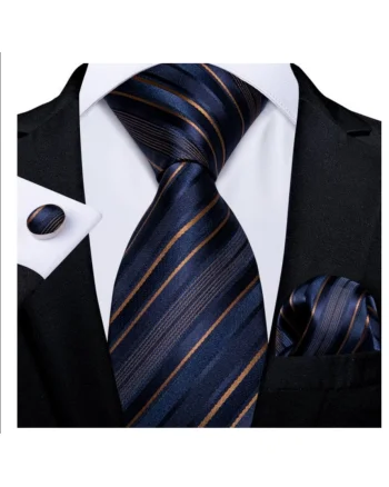 Set cravata bleumarin cu auriu + batista + butoni - matase - model 157