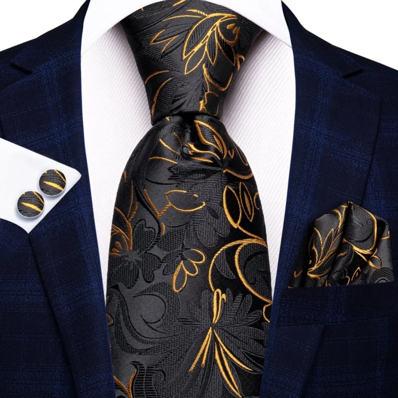 Set cravata neagra cu auriu + batista + butoni - matase -- model 804