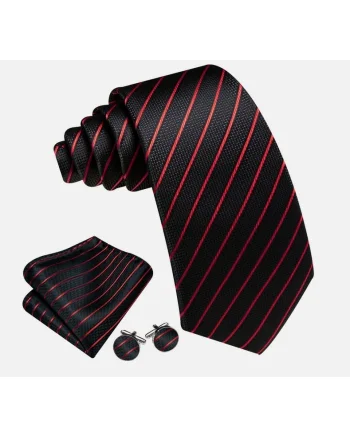 Set cravata neagra cu dungi rosii + batista + butoni - matase -- model 870