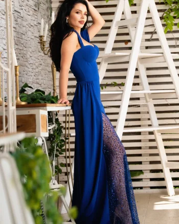 Rochie de nasa lunga Fatima albastru royal cu trena pe o parte