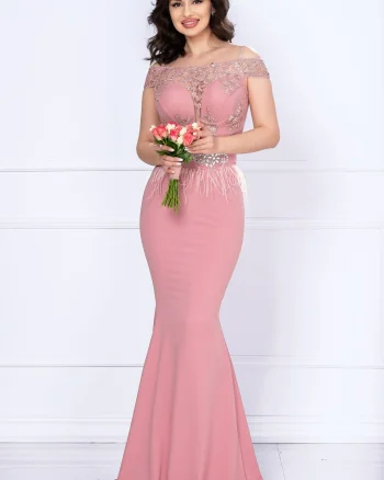 Rochie de seara tip sirena Renata roz cu broderie si fulgi