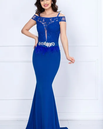 Rochie de nasa Renata albastru-royal tip sirena cu broderie si fulgi