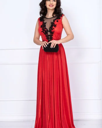 Rochie rosie eleganta Ginette lunga peliculizata cu broderie aplicata