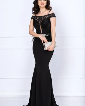 Rochie de seara tip sirena Renata neagra cu broderie si fulgi