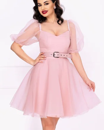 Rochie eleganta rose in clos din organza cu centura in talie