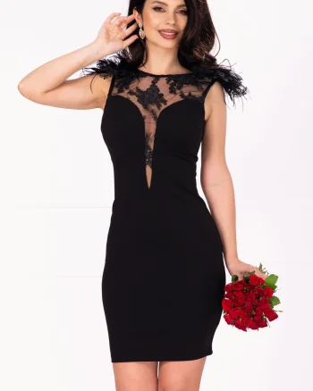 Rochie de seara cambrata Eloise neagra cu fulgi la umeri