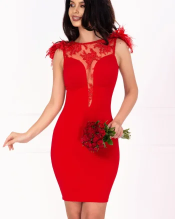 Rochie eleganta de seara Eloise rosie cu fulgi la umeri
