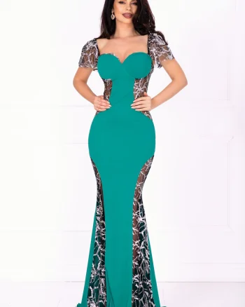Rochie eleganta Serena de seara verde cu paiete argintii si sclipici