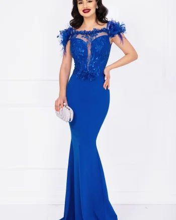 Rochie eleganta Noely albastru royal cu broderie pretioasa si fulgi