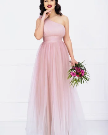 Rochie de seara Kendra lunga rose in degrade eleganta din tulle cu floare 3D