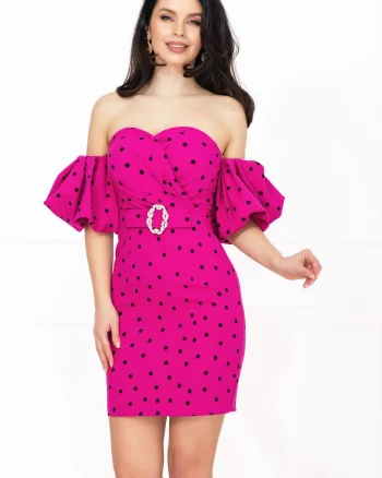 Rochie de zi cu buline Layla fucsia cu maneci gogosar
