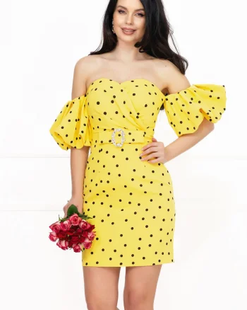Rochie de zi galbena cu buline Layla cu maneci gogosar