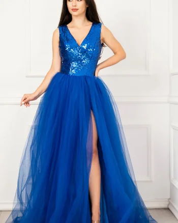Rochie de seara eleganta Cinderella albastru royal din tulle cu paiete