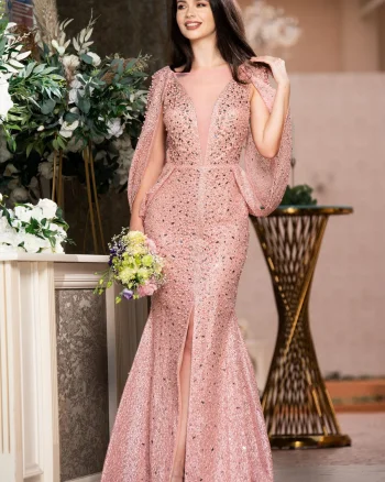 Rochie de lux Zandra rose pretioasa cu perle si pietre pretioase decorative