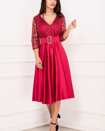 Rochie de soacra midi din tafta bordo cu dantela la bust si centura pretioasa