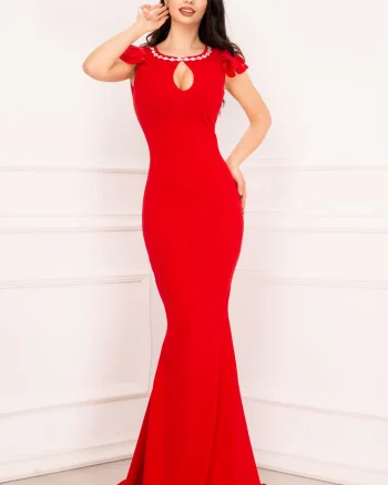 Rochie de nasa Cyntia eleganta rosie cu volane la umeri si colier pretios