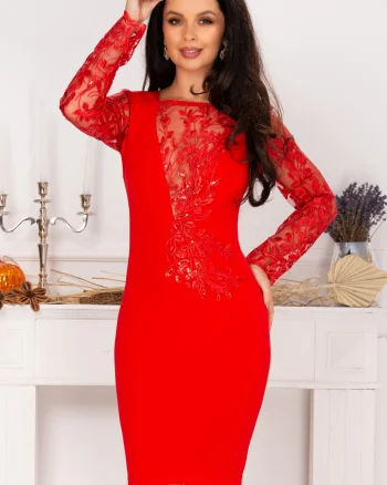 Rochie de ocazie Odette rosie cu aplicatii brodate