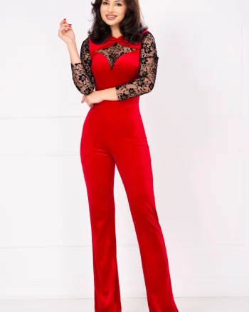 Salopeta rosie eleganta Deniss din catifea cu insertii din tulle