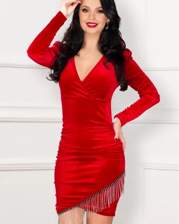 Rochie de seara din catifea Norah rosie cu franjuri din strassuri