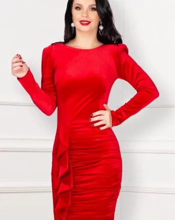 Rochie rosie din catifea Kamelis cu volan elegant