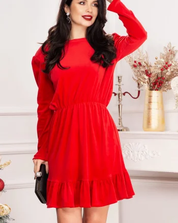 Rochie in clos Cherry din catifea rosie cu volanas